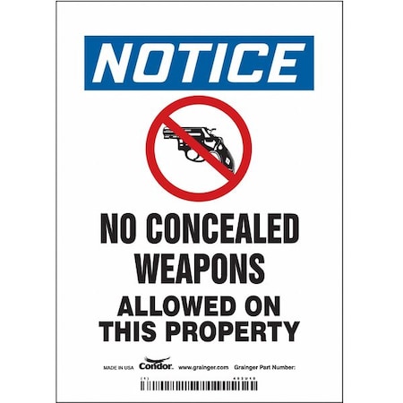 No Concealed Weapons Sign, 7 in H, 5 in W, Vinyl, Vertical Rectangle, English, 453U10 MPN:453U10