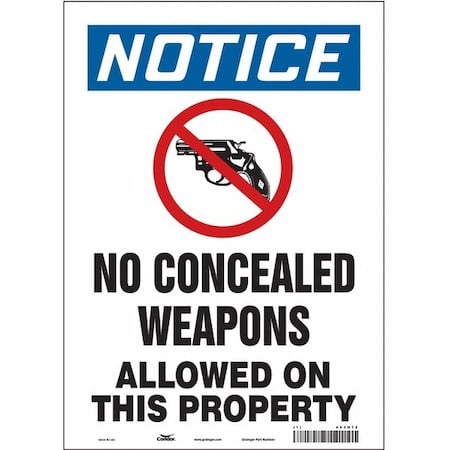 No Concealed Weapons Sign, 14 in H, 10 in W, Vinyl, Vertical Rectangle, English, 453U12 MPN:453U12