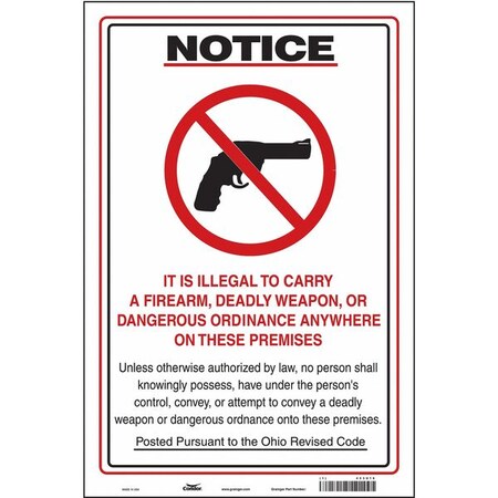 No Concealed Weapons Sign, 18 in H, 12 in W, Vinyl, Vertical Rectangle, English, 453U16 MPN:453U16