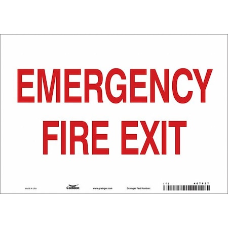 Safety Sign Emergency Exit, Vinyl, 10 in W, 7 in H, EMERGENCY FIRE EXIT, White MPN:467P27