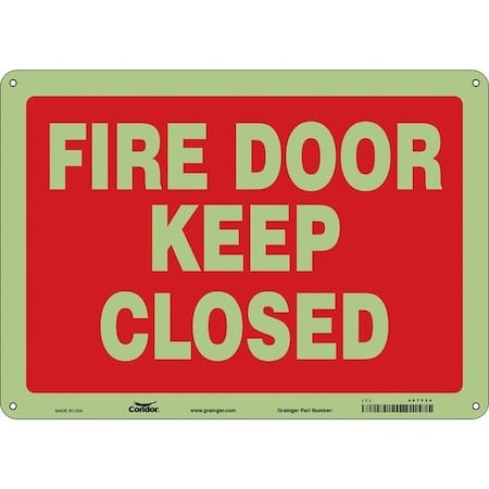 Safety Sign Emergency Exit, Glow Vinyl, 14 in W, 10 in H, FIRE DOOR KEEP CLOSED, Red, White MPN:467T24