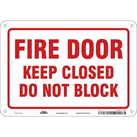 Safety Sign Emergency Exit, Aluminum, 10 in W, 7 in H, FIRE DOOR KEEP CLOSED DO NOT BLOCK, White MPN:467T39