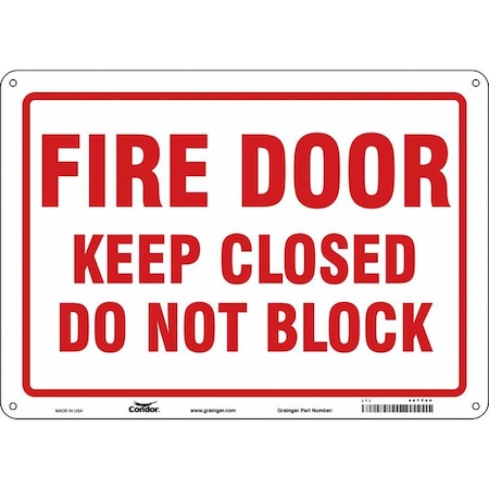 Safety Sign Emergency Exit, Aluminum, 14 in W, 10 in H, FIRE DOOR KEEP CLOSED DO NOT BLOCK, White MPN:467T40