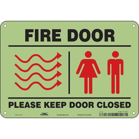 Safety Sign Emergency Exit, Glow Vinyl, 10 in W, 7 in H, FIRE DOOR PLEASE KEEP DOOR CLOSED W/SYMBOL MPN:467T49