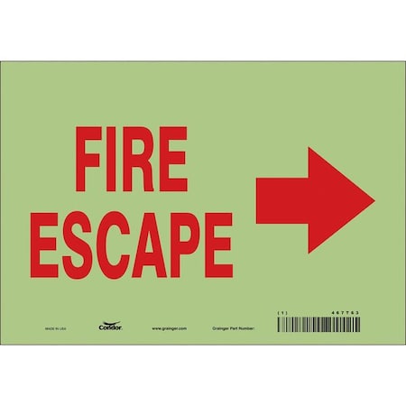 Safety Sign Emergency Exit, Glow Vinyl, 10 in W, 7 in H, FIRE ESCAPE W/SYMBOL, White MPN:467T63