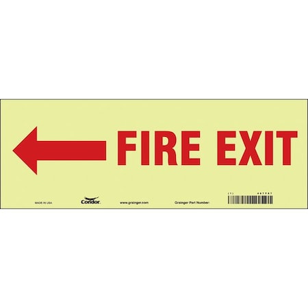 Safety Sign Emergency Exit, Glow Vinyl, 14 in W, 5 in H, FIRE EXIT W/SYMBOL, White MPN:467T87