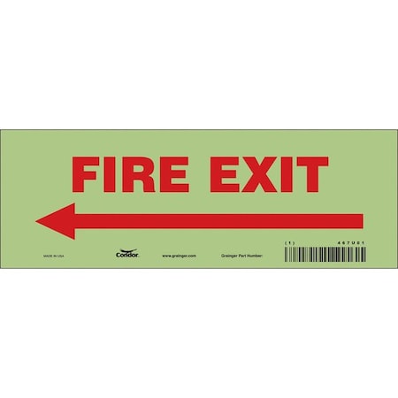 Safety Sign Emergency Exit, Glow Vinyl, 10 in W, 3 1/2 in H, FIRE EXIT W/SYMBOL, White MPN:467U01
