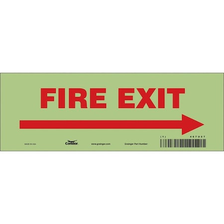 Safety Sign Emergency Exit, Glow Vinyl, 10 in W, 3 1/2 in H, FIRE EXIT W/SYMBOL, White MPN:467U07