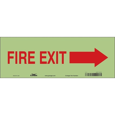 Safety Sign Emergency Exit, Glow Vinyl, 14 in W, 5 in H, FIRE EXIT W/SYMBOL, White MPN:467U08