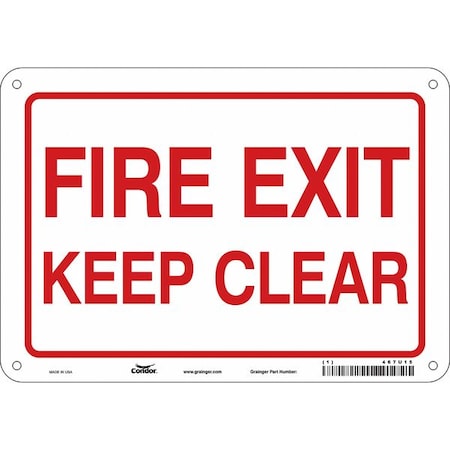 Safety Sign Emergency Exit, Aluminum, 10 in W, 7 in H, FIRE EXIT KEEP CLEAR, White MPN:467U15