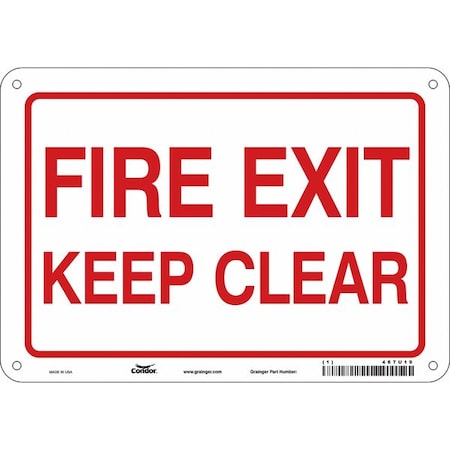 Safety Sign Emergency Exit, Polyethylene, 10 in W, 7 in H, FIRE EXIT KEEP CLEAR, White MPN:467U19