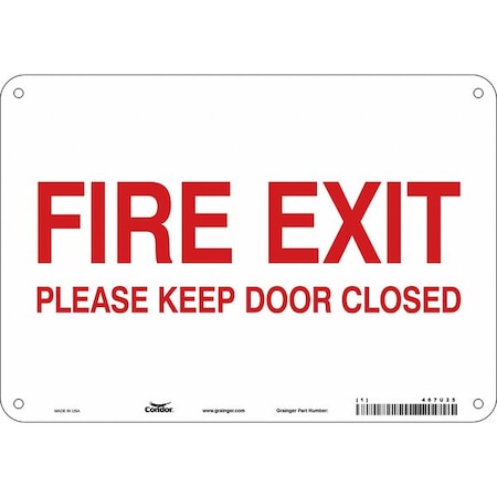 Safety Sign Emergency Exit, Polyethylene, 10 in W, 7 in H, FIRE EXIT PLEASE KEEP DOOR CLOSED, White MPN:467U25
