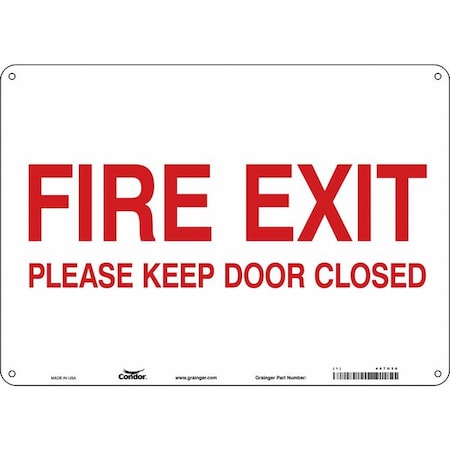 Safety Sign Emergency Exit, Polyethylene, 14 in W, 10 in H, FIRE EXIT PLEASE KEEP DOOR CLOSED MPN:467U26