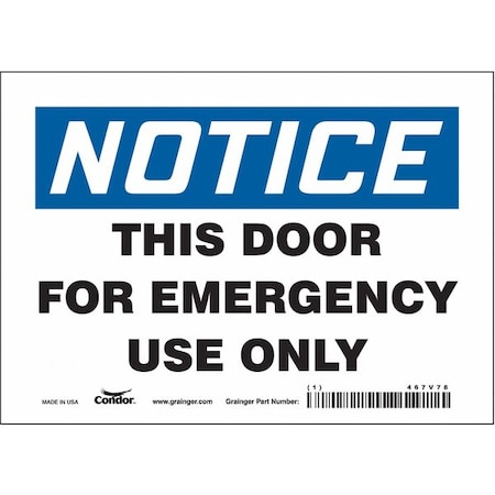 Safety Sign Emergency Exit, 5 in H, 7 in W, Vinyl, Horizontal Rectangle, English, 467V78 MPN:467V78