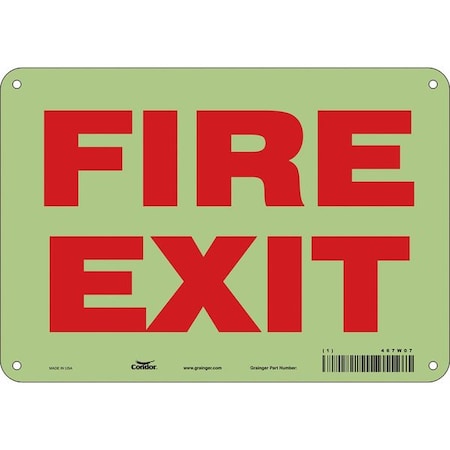 Safety Sign Emergency Exit, Glow Vinyl, 10 in W, 7 in H, FIRE EXIT, White MPN:467W07