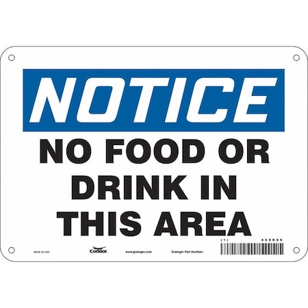 Notice, No Food or Drink In This Area, 10 in W x 7 in H, Vertical Rectangle, Polyethylene, 468K68 MPN:468K68