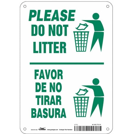 Please Do Not Litter/Favor De No Tirar Basura, 7 in W x 10 in H, Rectangle, Polyethylene, 468T51 MPN:468T51