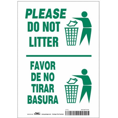 Please Do Not Litter/Favor De No Tirar Basura, 7 in W x 10 in H, Horizontal Rectangle, Vinyl, 468T53 MPN:468T53