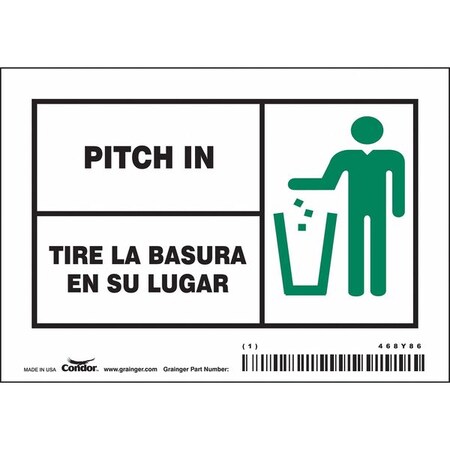 PITCH IN/TIRE LA BASURA EN SU LUGAR, 5 in W x 3 1/2 in H, Horizontal Rectangle, Vinyl, 468Y86, PK5 MPN:468Y86