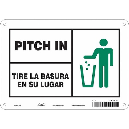 PITCH IN/TIRE LA BASURA EN SU LUGAR, 10 in W x 7 in H, Vertical Rectangle, Polyethylene, 468Y87 MPN:468Y87