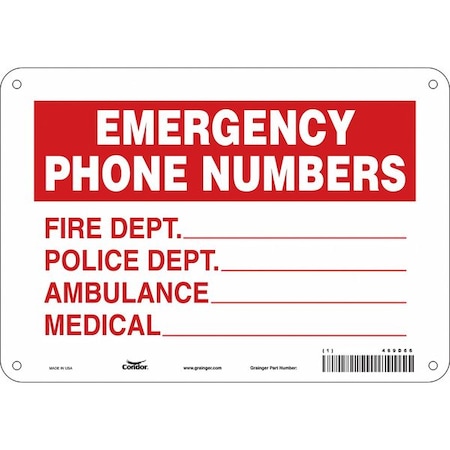 EMERGENCY PHONE NUMBERS, FIRE DEPT., POLICE DEPT., AMBULANCE, MEDICAL, 10 in W x 7 in H, 469D66 MPN:469D66