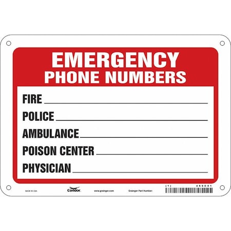 Emergency Phone Numbers Sign, 10 in W x 7 in H, Vertical Rectangle, Aluminum, 469D81 MPN:469D81