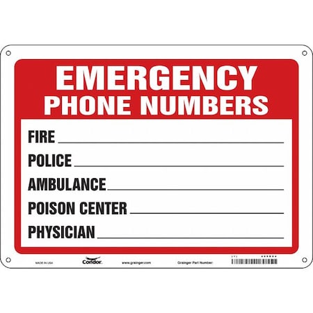 Emergency Phone Numbers Sign, 14 in W x 10 in H, Horizontal Rectangle, Polyethylene, 469D84 MPN:469D84