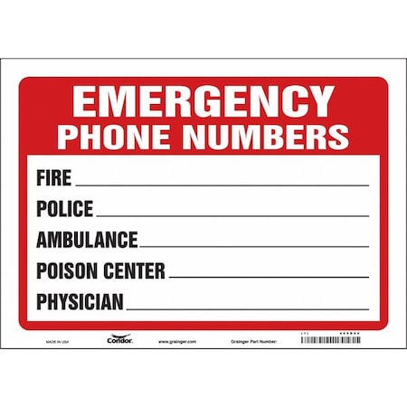 Emergency Phone Numbers Sign, 14 in W x 10 in H, Horizontal Rectangle, Vinyl, 469D86 MPN:469D86