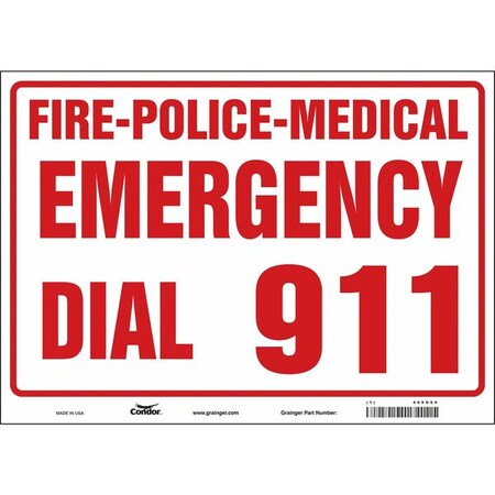 FIRE-POLICE-MEDICAL EMERGENCY DIAL 911, 14 in W x 10 in H, Horizontal Rectangle, Glow Vinyl, 469G69 MPN:469G69