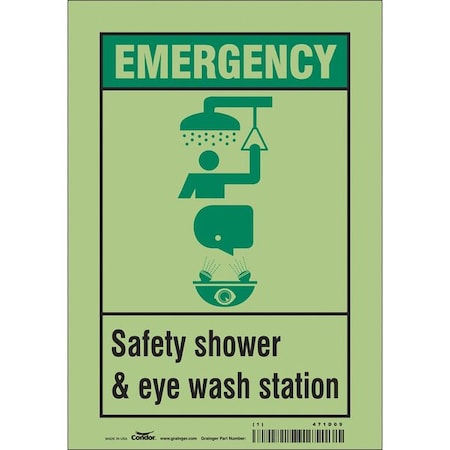 Emergency, Safety Shower & Eye Wash Station, 7 in x 10 in, Horizontal Rectangle, Glow Vinyl, 471D09 MPN:471D09