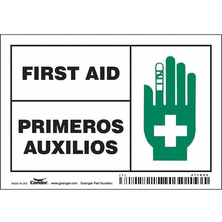 First Aid/Primeros Auxilios, 5 in W x 3 1/2 in H, Horizontal Rectangle, Vinyl, 471R92, PK5 MPN:471R92