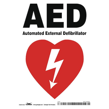 AED Automated External Defibrillator, 5 in W x 7 in H, Vertical Rectangle, Vinyl, 471U03 MPN:471U03