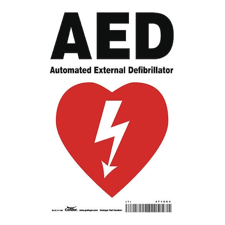 AED Automated External Defibrillator, 7 in W x 10 in H, Horizontal Rectangle, Vinyl, 471U04 MPN:471U04