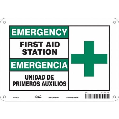 Emergency/Emergencia, First Aid Station/Unidad De Primeros Auxilios, 10 in x 7 in, Aluminum, 471V02 MPN:471V02