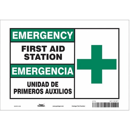 Emergency/Emergencia, First Aid Station/Unidad De Primeros Auxilios, 10 in W x 7 in H, Vinyl, 471V07 MPN:471V07