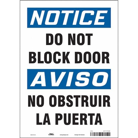 Notice, Do Not Block Door/no Obstruir La Puerta, 10 in x 14 in, Vertical Rectangle, Vinyl, 471Y32 MPN:471Y32