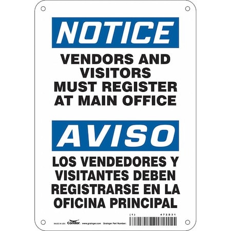 Safety Sign, 10 in Height, 7 in Width, Aluminum, Horizontal Rectangle, English, Spanish, 472D31 MPN:472D31
