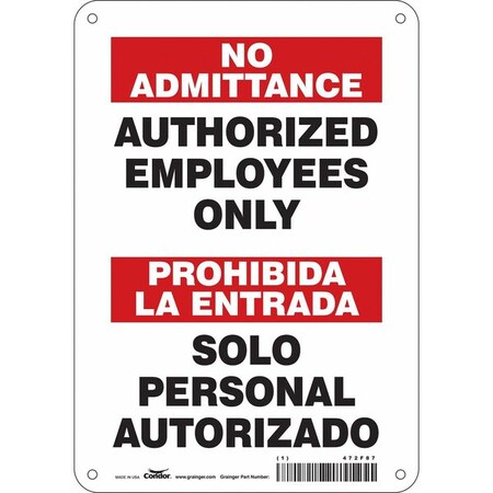 Safety Sign, 10 in H, 7 in W, Polyethylene, Horizontal Rectangle, English, Spanish, 472F87 MPN:472F87
