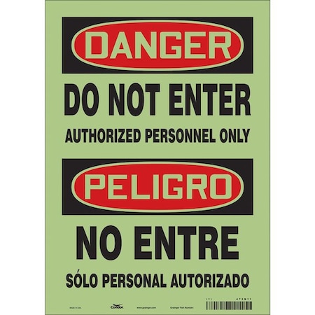 Safety Sign, 14 in Height, 10 in Width, Glow Vinyl, Vertical Rectangle, English, Spanish MPN:472N11