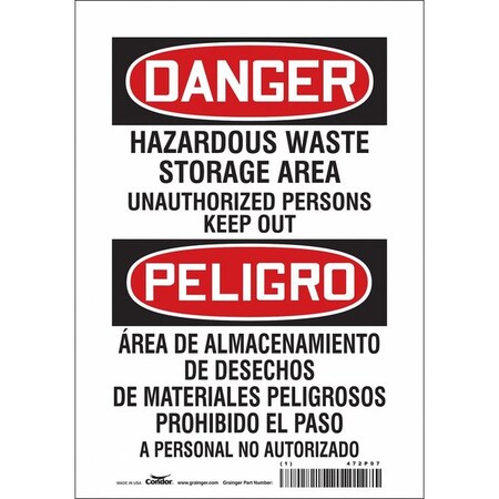 Safety Sign, 10 in Height, 7 in Width, Vinyl, Horizontal Rectangle, English, Spanish, 472P97 MPN:472P97