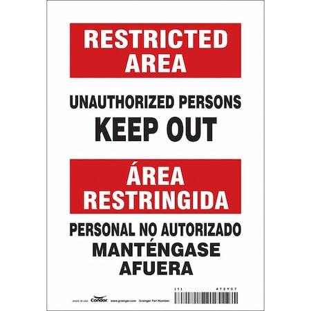Safety Sign, 10 in Height, 7 in Width, Vinyl, Horizontal Rectangle, English, Spanish, 472Y07 MPN:472Y07