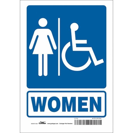 Restroom Sign, WOMEN, 7 in W x 10 in H, Horizontal Rectangle, Vinyl, 473Y04 MPN:473Y04