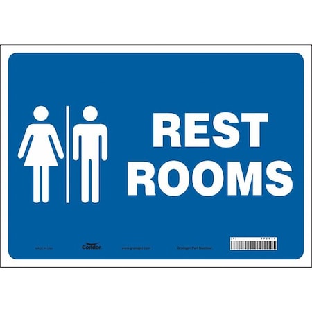 RESTROOMS, 14 in W x 10 in H, Horizontal Rectangle, Vinyl, 473Y46 MPN:473Y46