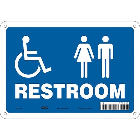 RESTROOM, 10 in W x 7 in H, Vertical Rectangle, Aluminum, 473Y47 MPN:473Y47