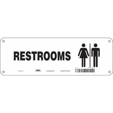 RESTROOMS, 12 in W x 4 in H, Vertical Rectangle, Aluminum, 473Y57 MPN:473Y57