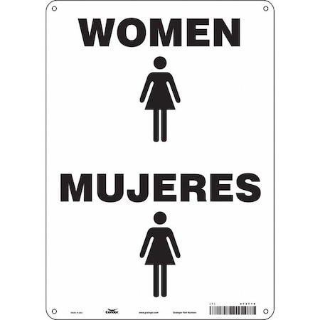 Restroom Sign, WOMEN/MUJERES, 10 in W x 14 in H, Vertical Rectangle, Aluminum, 473Y78 MPN:473Y78