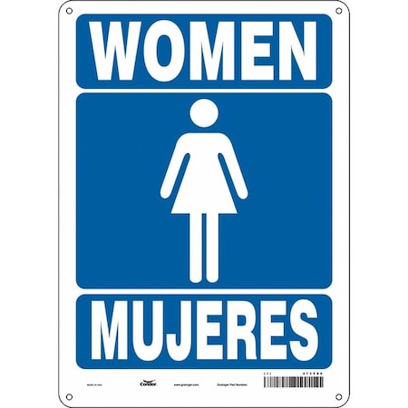 Restroom Sign, WOMEN/MUJERES, 10 in W x 14 in H, Vertical Rectangle, Aluminum, 473Y89 MPN:473Y89