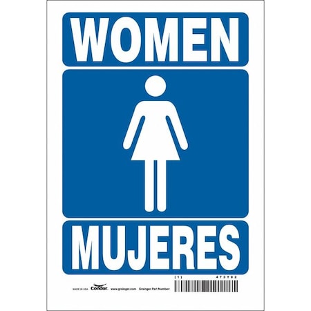 Restroom Sign, WOMEN/MUJERES, 7 in W x 10 in H, Horizontal Rectangle, Vinyl, 473Y92 MPN:473Y92