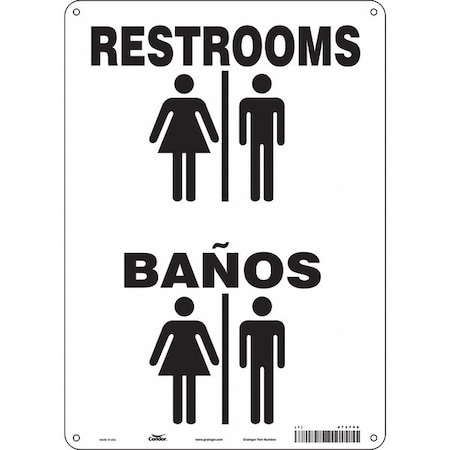 RESTROOMS/BANOS, 10 in W x 14 in H, Vertical Rectangle, Vinyl, 473Y96 MPN:473Y96