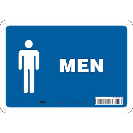 Restroom Sign, MEN, 10 in W x 7 in H, Vertical Rectangle, Aluminum, 473Y97 MPN:473Y97